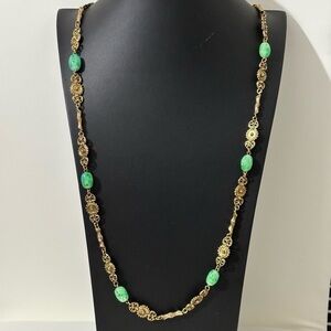 Vintage brass gold-tone acrylic marble beaded long necklace
